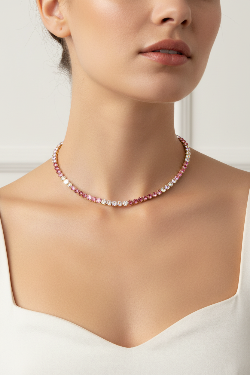 Collana tennis rosa e aurora boreale
