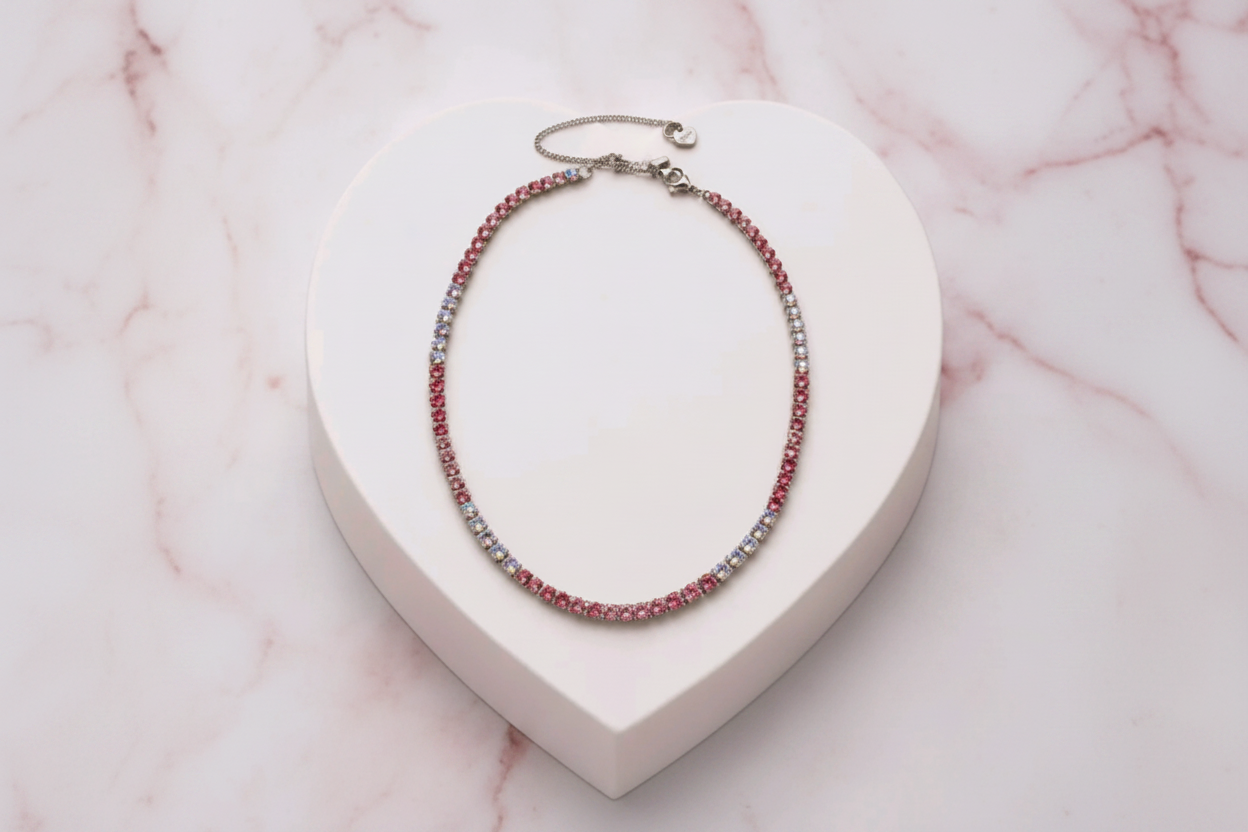 Collana tennis rosa e aurora boreale (silver)
