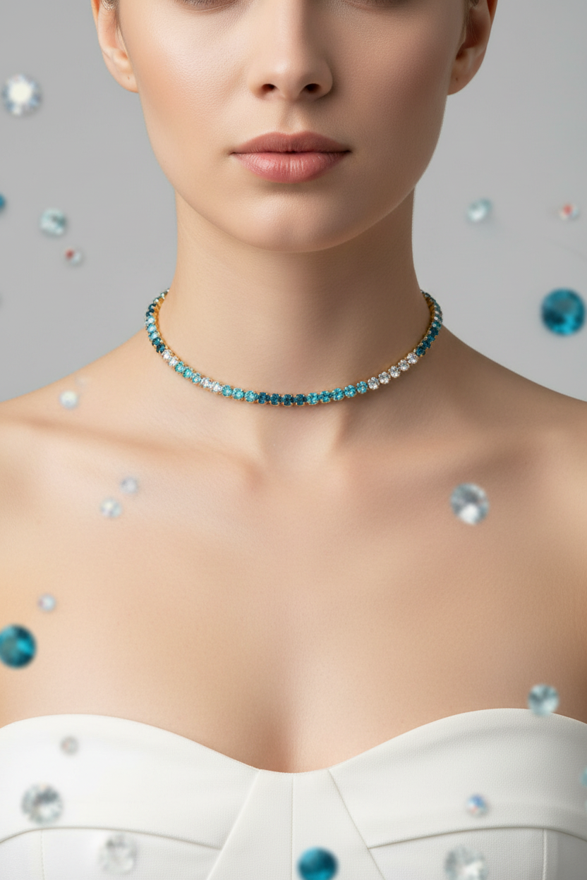 Collana tennis azzurro e aurora boreale (Gold)