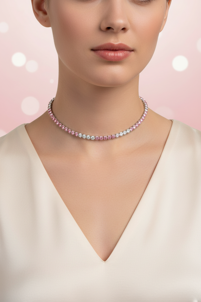 Collana tennis rosa e aurora boreale (silver)